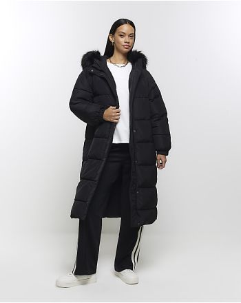 Black hooded longline puffer jacket